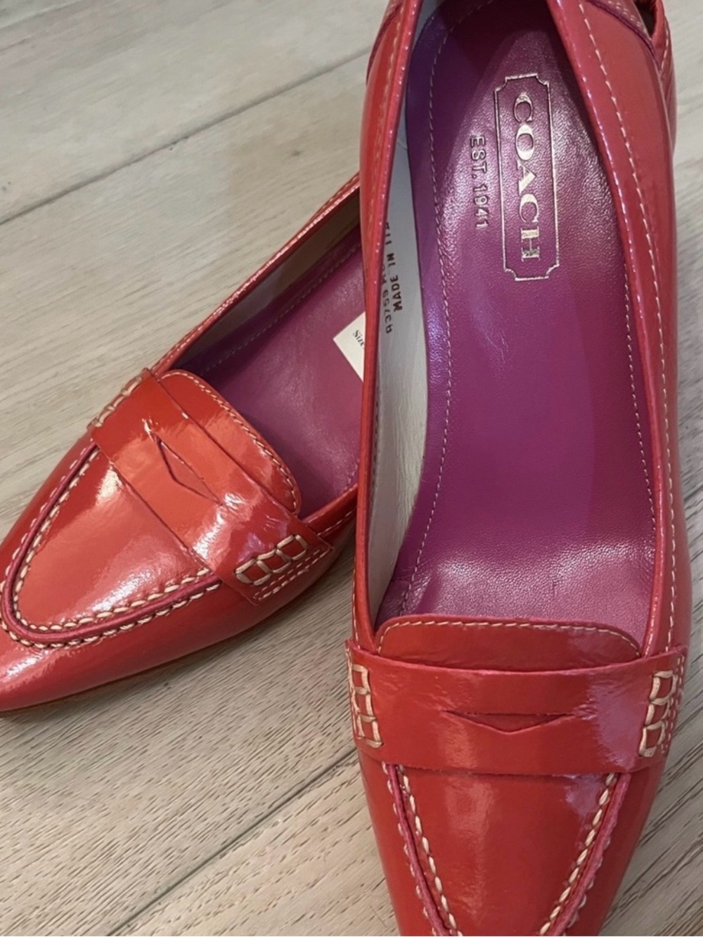 COACH Women's Coral Red Patent Leather Loafers